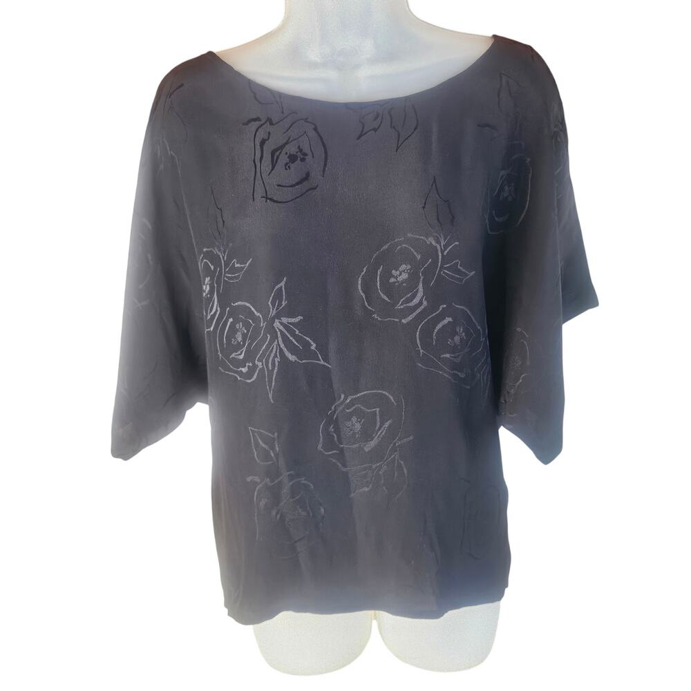 Gucci Black Floral Print Top Size 38 (US 8) Kimono Sleeves 100% Silk - Picture 7 of 8